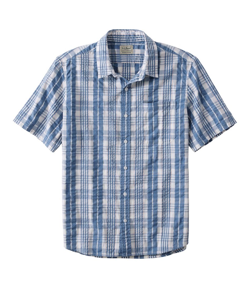 Men's Organic Cotton Seersucker Shirt Plaid Slightly Fitted Short-Sleeve