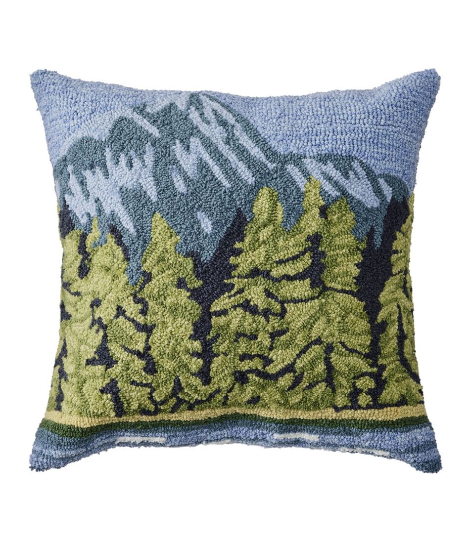 Indoor/Outdoor Hooked Pillow Lakeside Mountain Scene