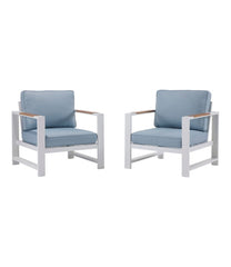 Set of Two White Aluminum Deep Seating Armchair with Blue Cushions