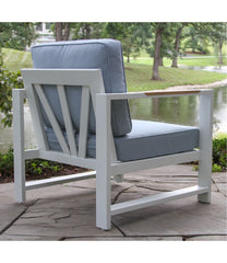 Set of Two White Aluminum Deep Seating Armchair with Blue Cushions