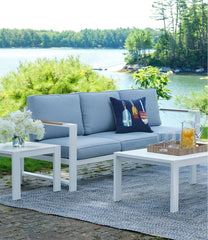 White Aluminum Deep Seating Sofa with Blue Cushions