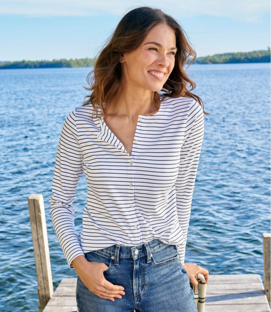 Women's Pima Cotton Tee Long-Sleeve Crewneck Cardigan Stripe