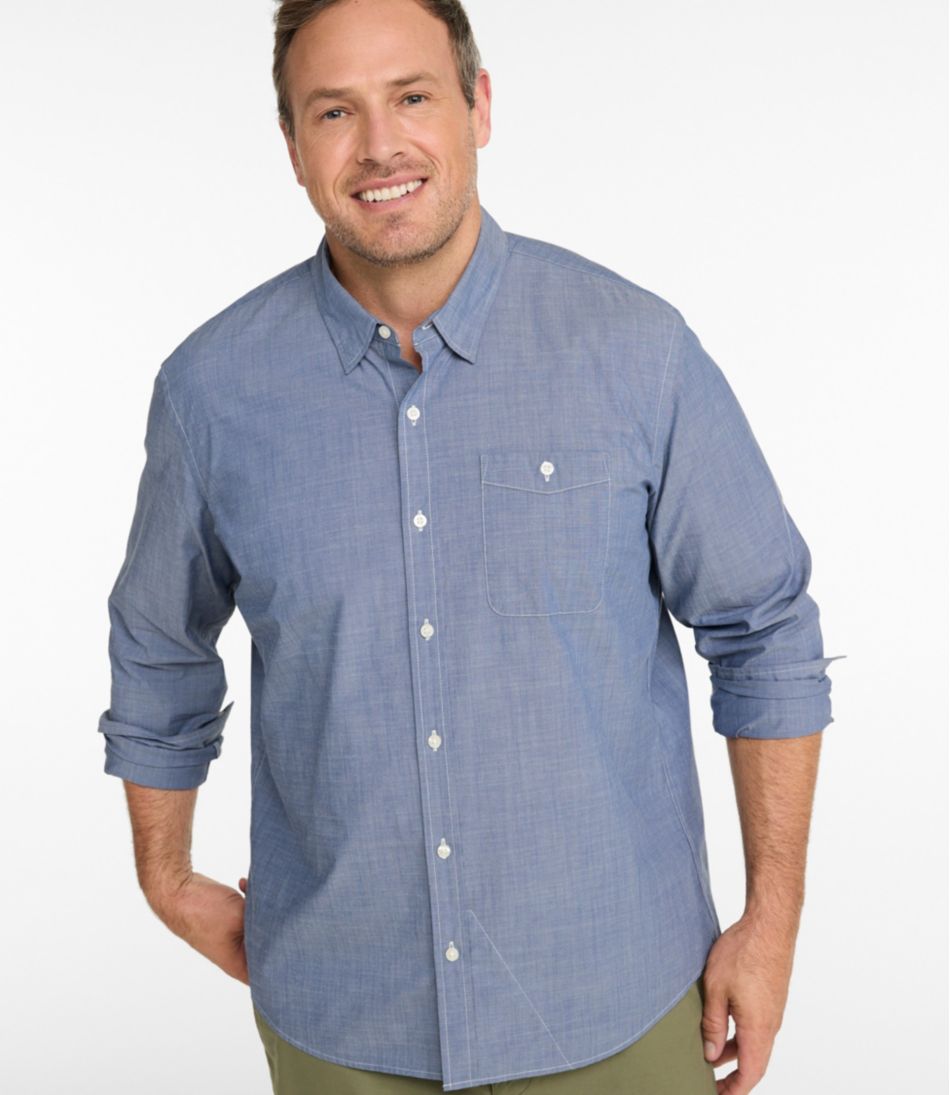 Long-Sleeve Men's Comfort Stretch Performance® Chambray Shirt Slightly Fitted Untucked Fit