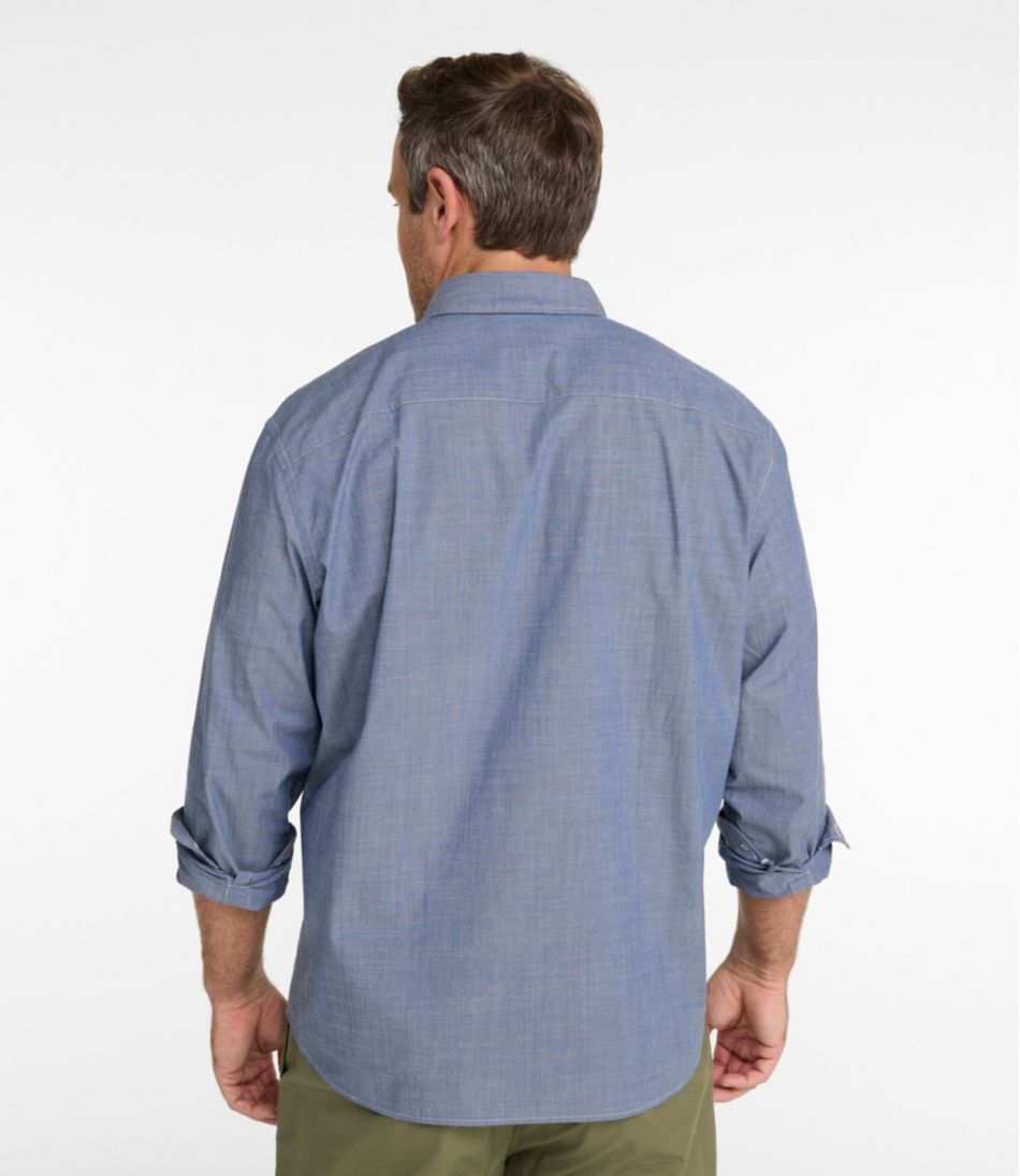 Long-Sleeve Men's Comfort Stretch Performance® Chambray Shirt Slightly Fitted Untucked Fit