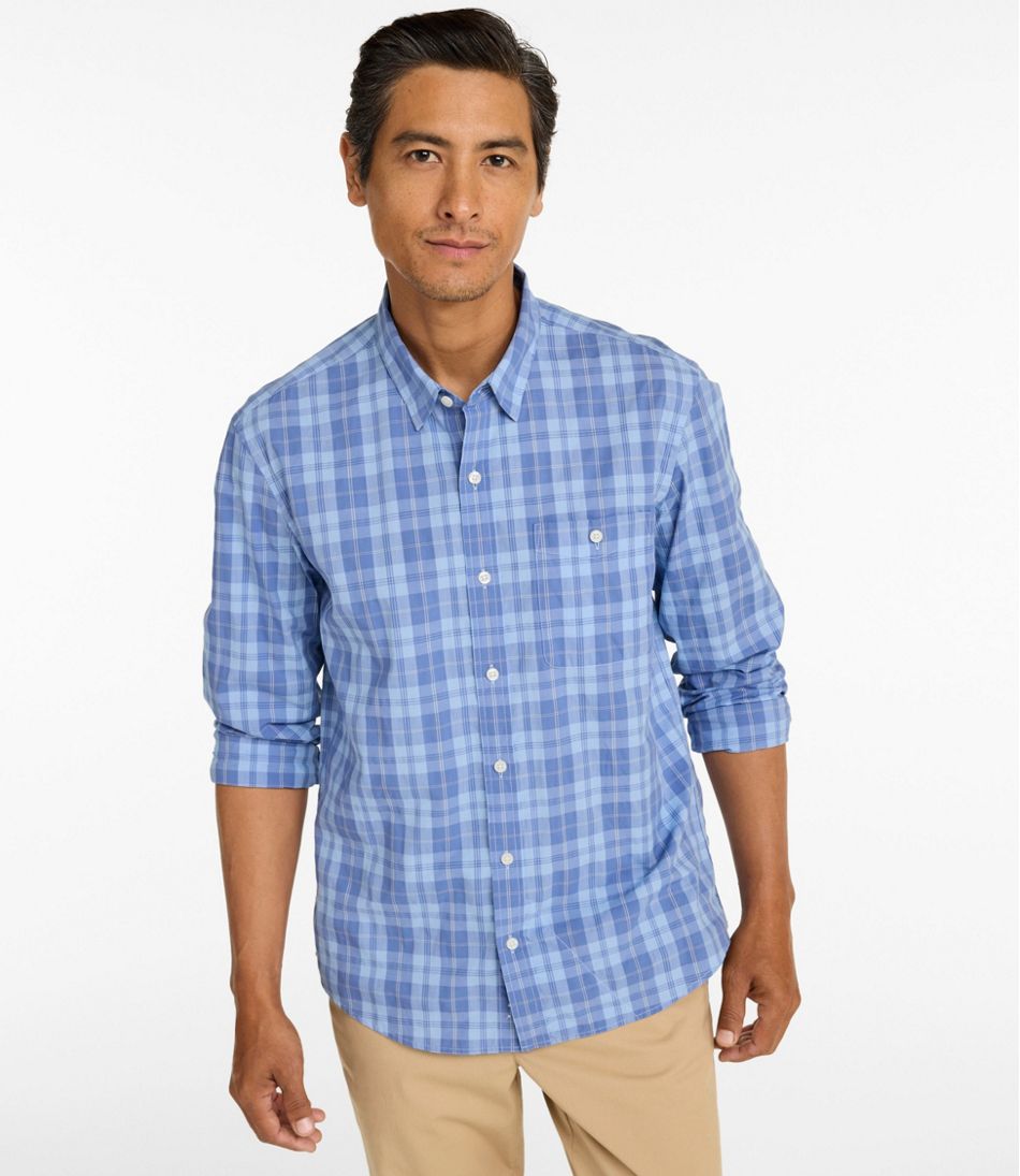 Slightly Fitted Untucked Fit Men's Comfort Stretch Performance® Chambray Shirt Plaid Long-Sleeve