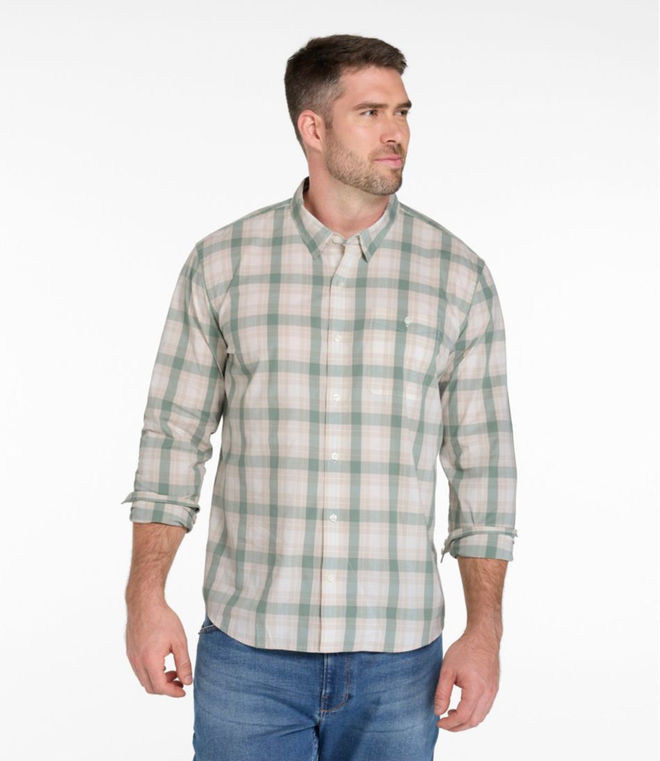 Slightly Fitted Untucked Fit Men's Comfort Stretch Performance® Chambray Shirt Plaid Long-Sleeve