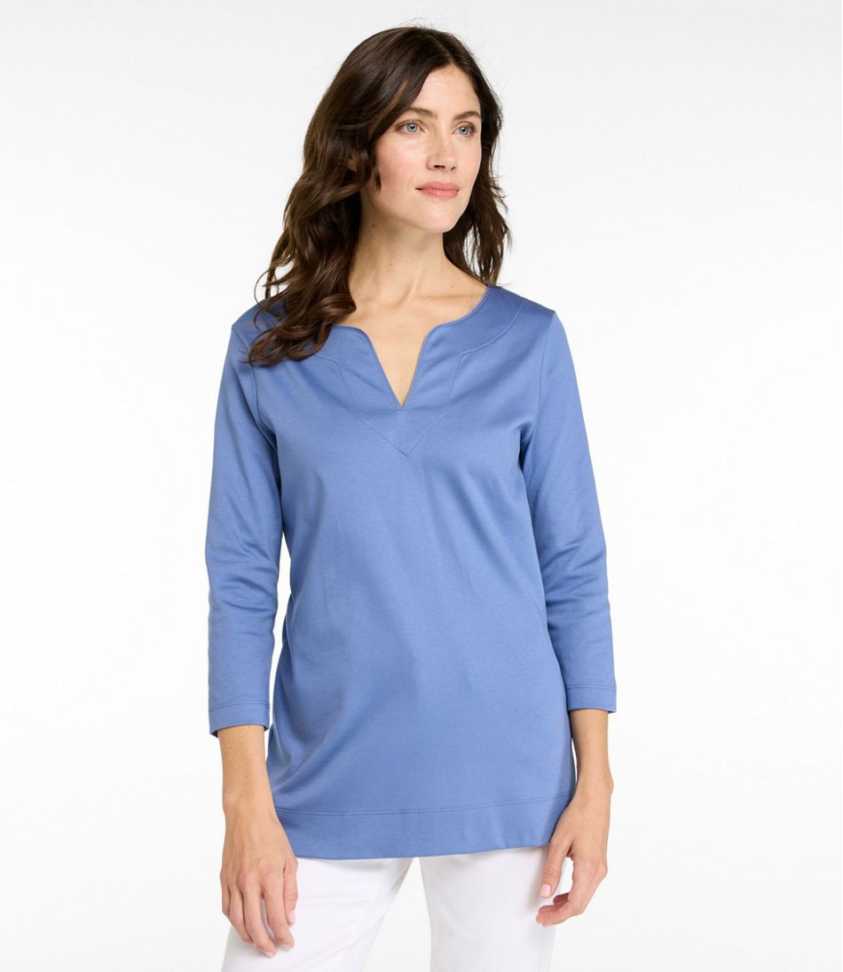 Women's Pima Cotton Tunic, Three-Quarter-Sleeve Splitneck