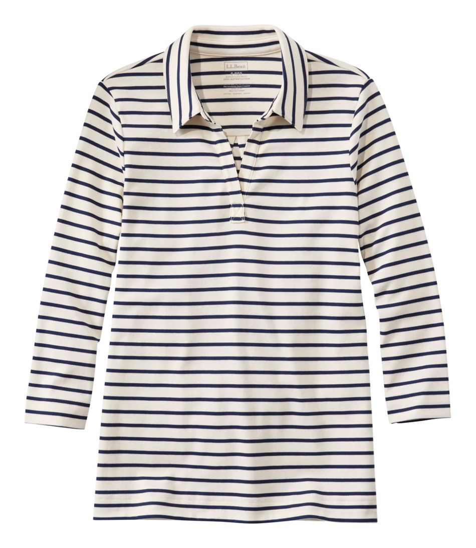 Women's Pima Cotton Tee, Three-Quarter-Sleeve Polo Stripe
