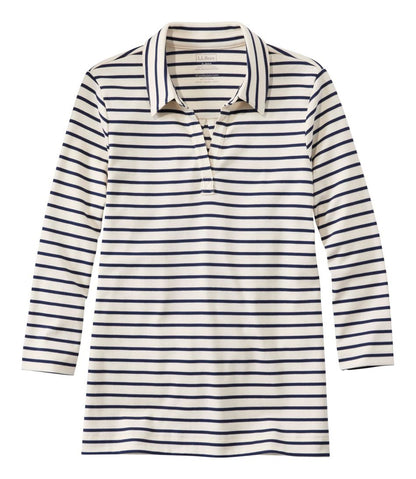 Women's Pima Cotton Tee, Three-Quarter-Sleeve Polo Stripe