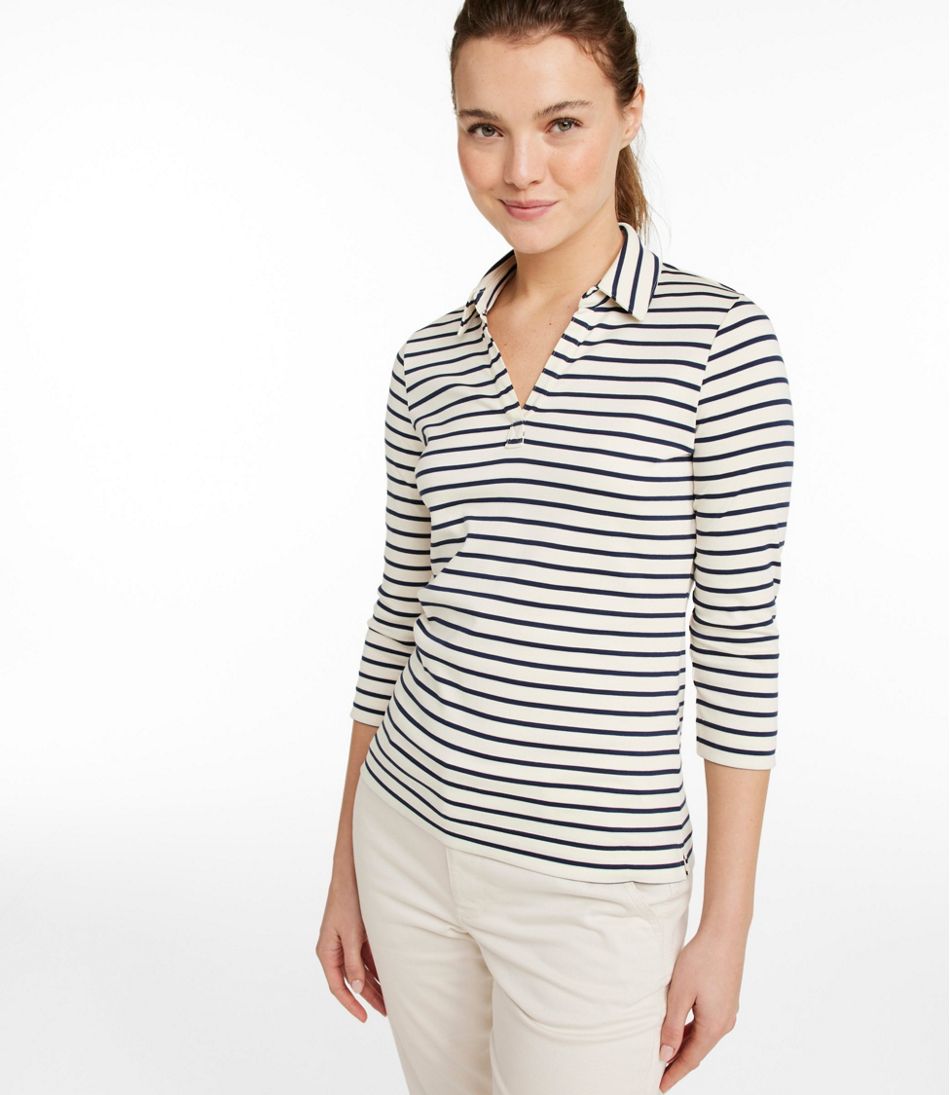 Women's Pima Cotton Tee, Three-Quarter-Sleeve Polo Stripe