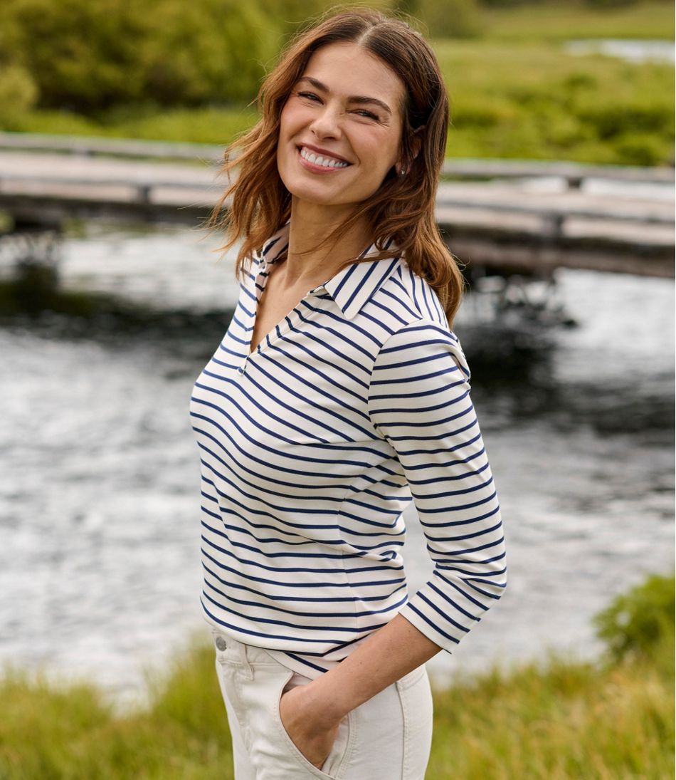 Women's Pima Cotton Tee Three-Quarter-Sleeve Polo Stripe