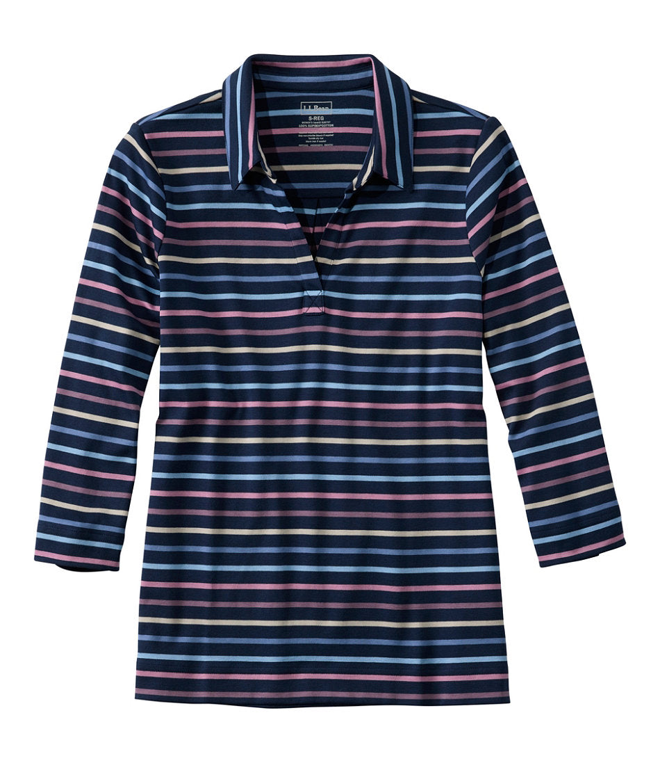 Women's Pima Cotton Tee Three-Quarter-Sleeve Polo Stripe