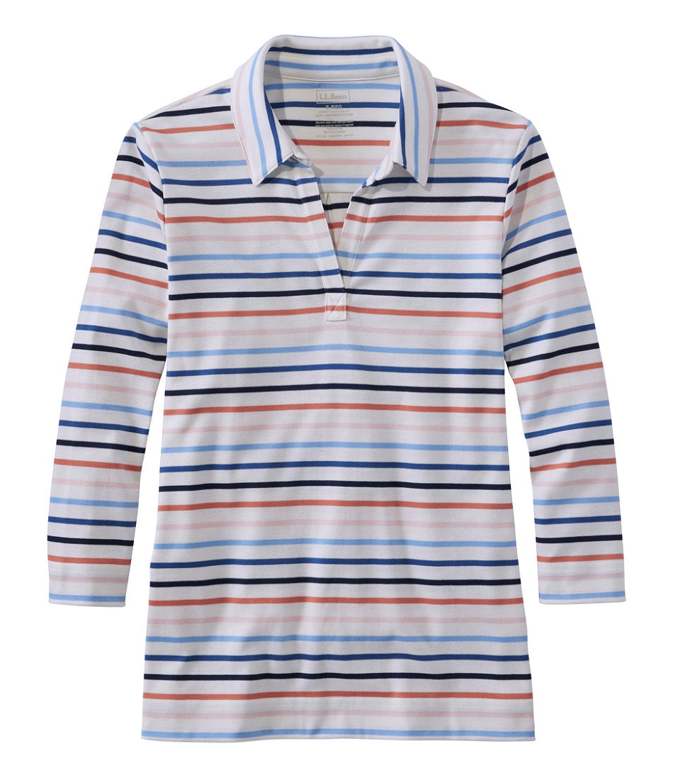 Women's Pima Cotton Tee Three-Quarter-Sleeve Polo Stripe