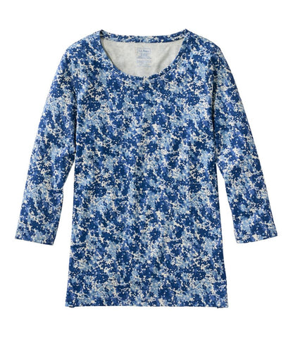 Women's Pima Cotton Shaped Jewelneck Tee, Three-Quarter-Sleeve Print