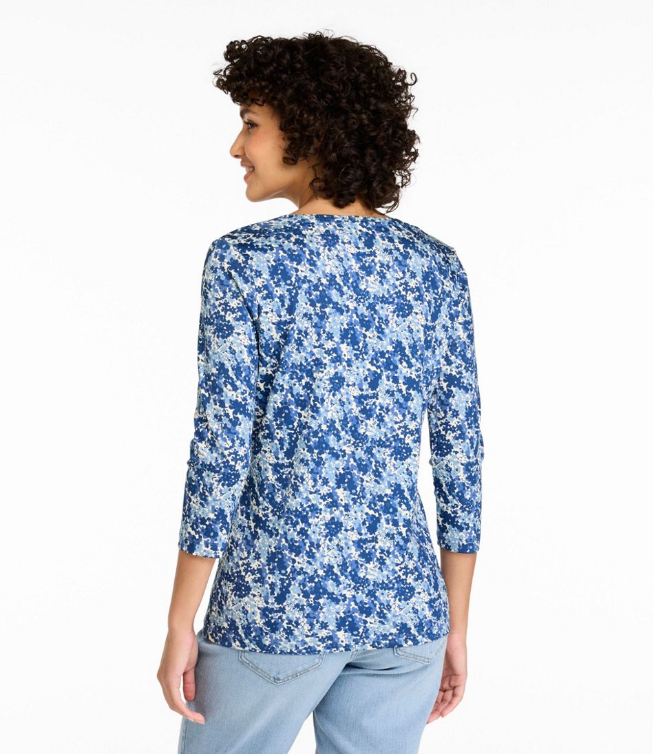Three-Quarter-Sleeve Print Women's Pima Cotton Shaped Jewelneck Tee