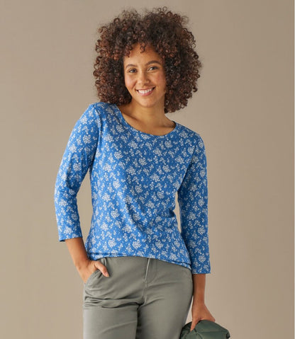 Women's Pima Cotton Shaped Jewelneck Tee, Three-Quarter-Sleeve Print