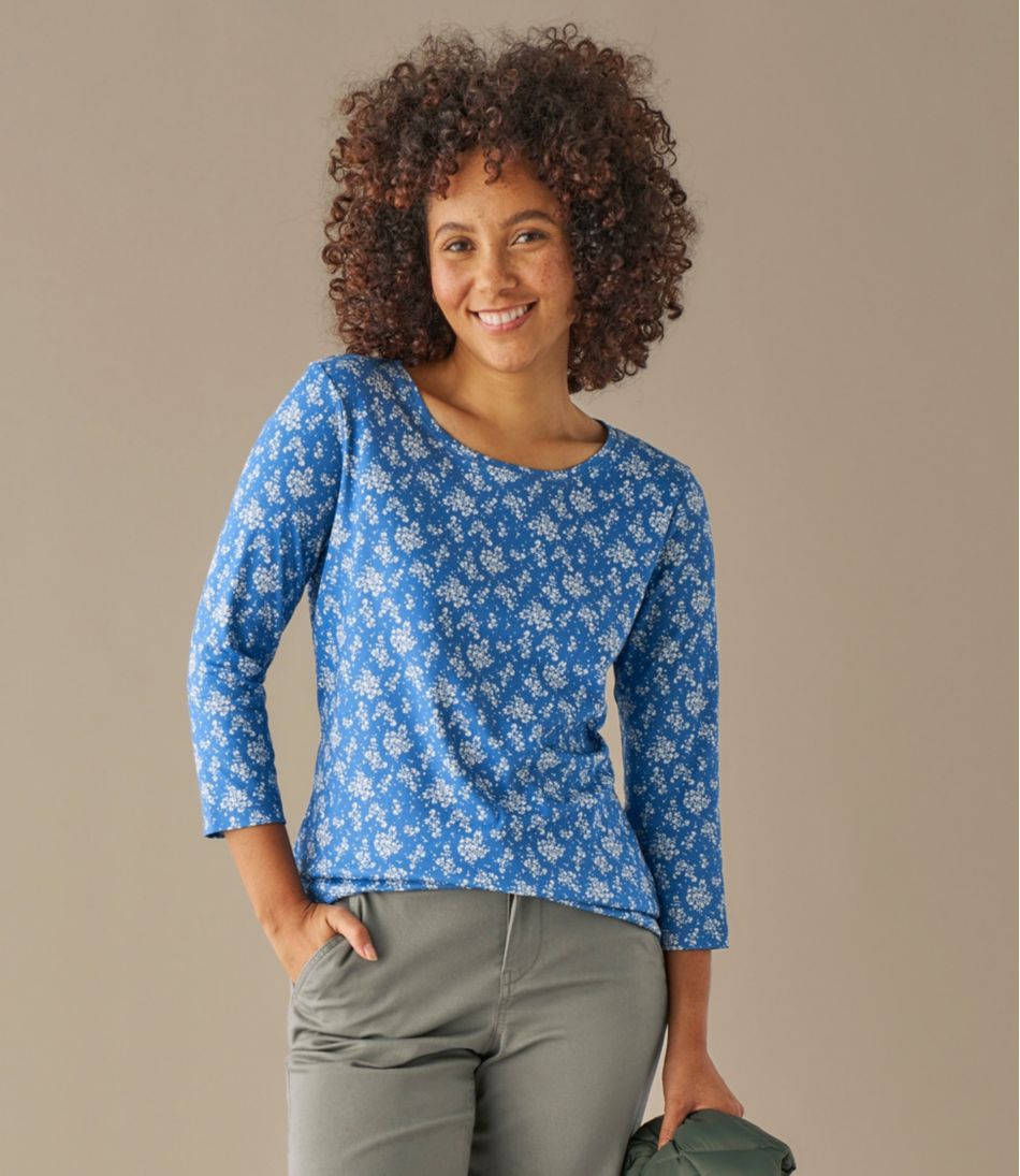 Three-Quarter-Sleeve Print Women's Pima Cotton Shaped Jewelneck Tee