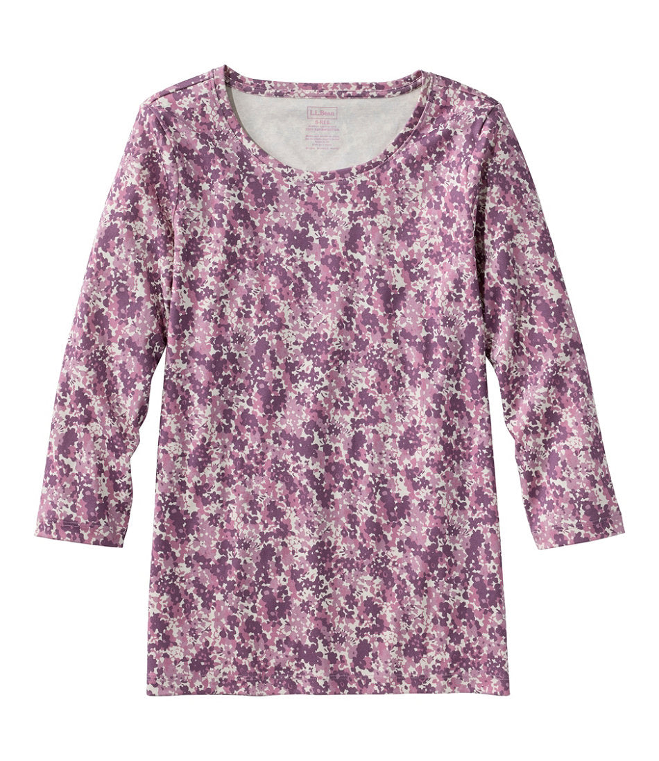 Three-Quarter-Sleeve Print Women's Pima Cotton Shaped Jewelneck Tee