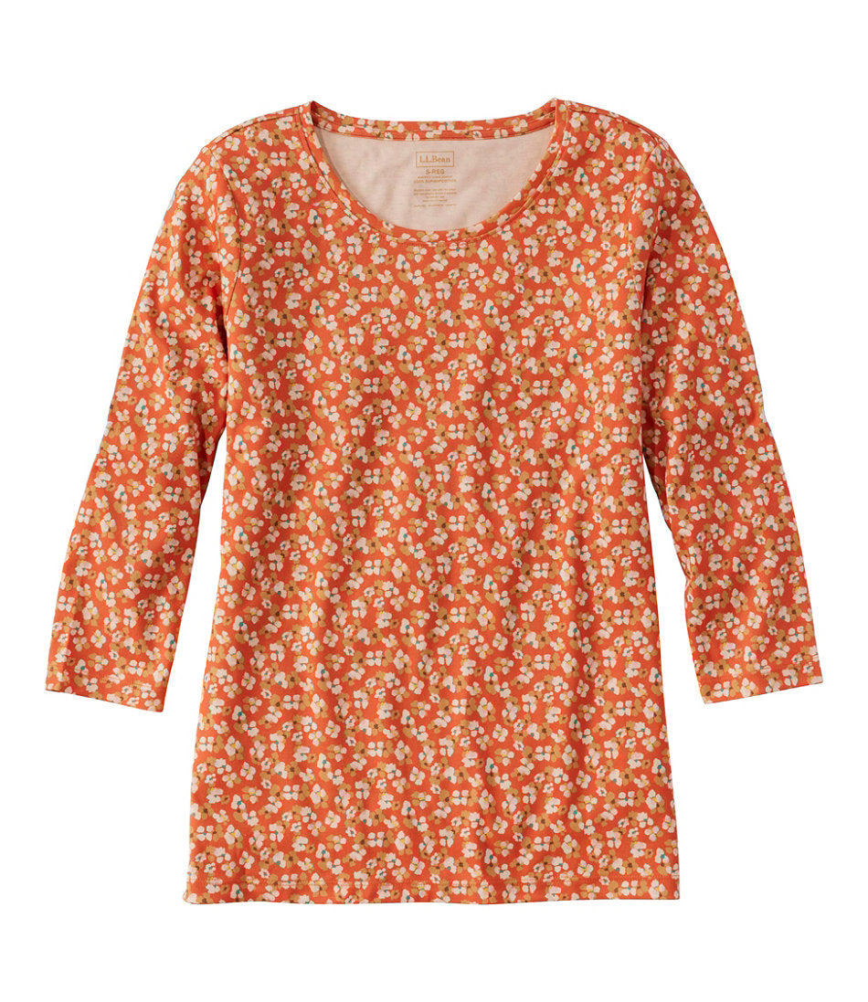 Three-Quarter-Sleeve Print Women's Pima Cotton Shaped Jewelneck Tee