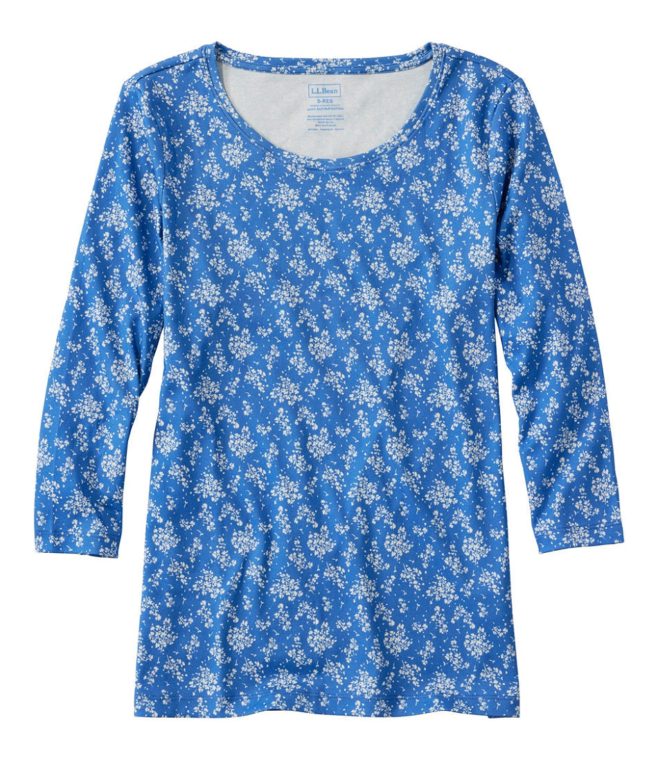 Three-Quarter-Sleeve Print Women's Pima Cotton Shaped Jewelneck Tee