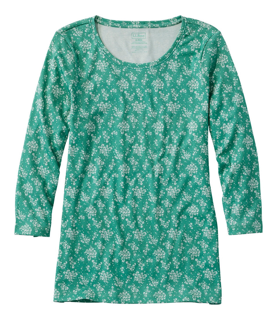 Three-Quarter-Sleeve Print Women's Pima Cotton Shaped Jewelneck Tee