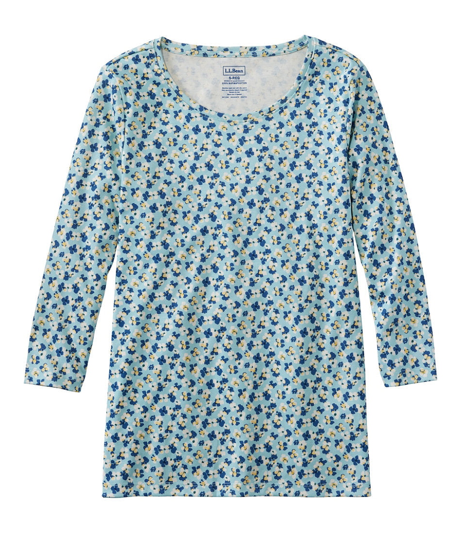 Three-Quarter-Sleeve Print Women's Pima Cotton Shaped Jewelneck Tee