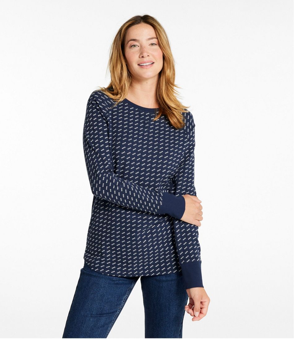 Long-Sleeve Crewneck Stripe Women's Unshrinkable Mini-Waffle Tee
