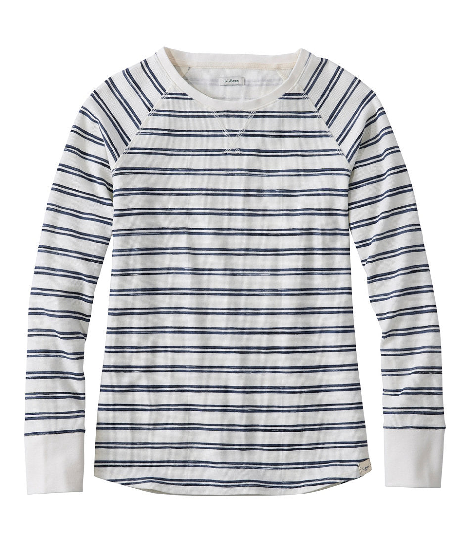 Long-Sleeve Crewneck Stripe Women's Unshrinkable Mini-Waffle Tee