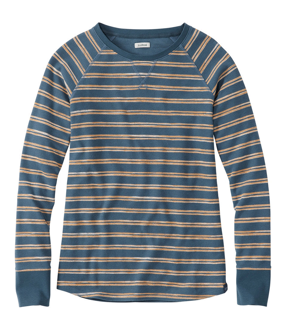 Long-Sleeve Crewneck Stripe Women's Unshrinkable Mini-Waffle Tee