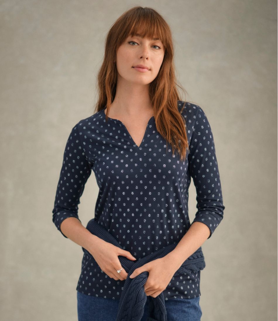 Women's Pima Cotton Tunic Three-Quarter-Sleeve Splitneck Print