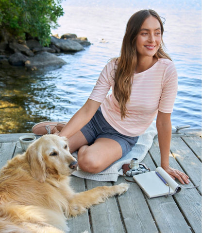 Women's Pima Cotton Tee, Elbow-Sleeve Boatneck Stripe