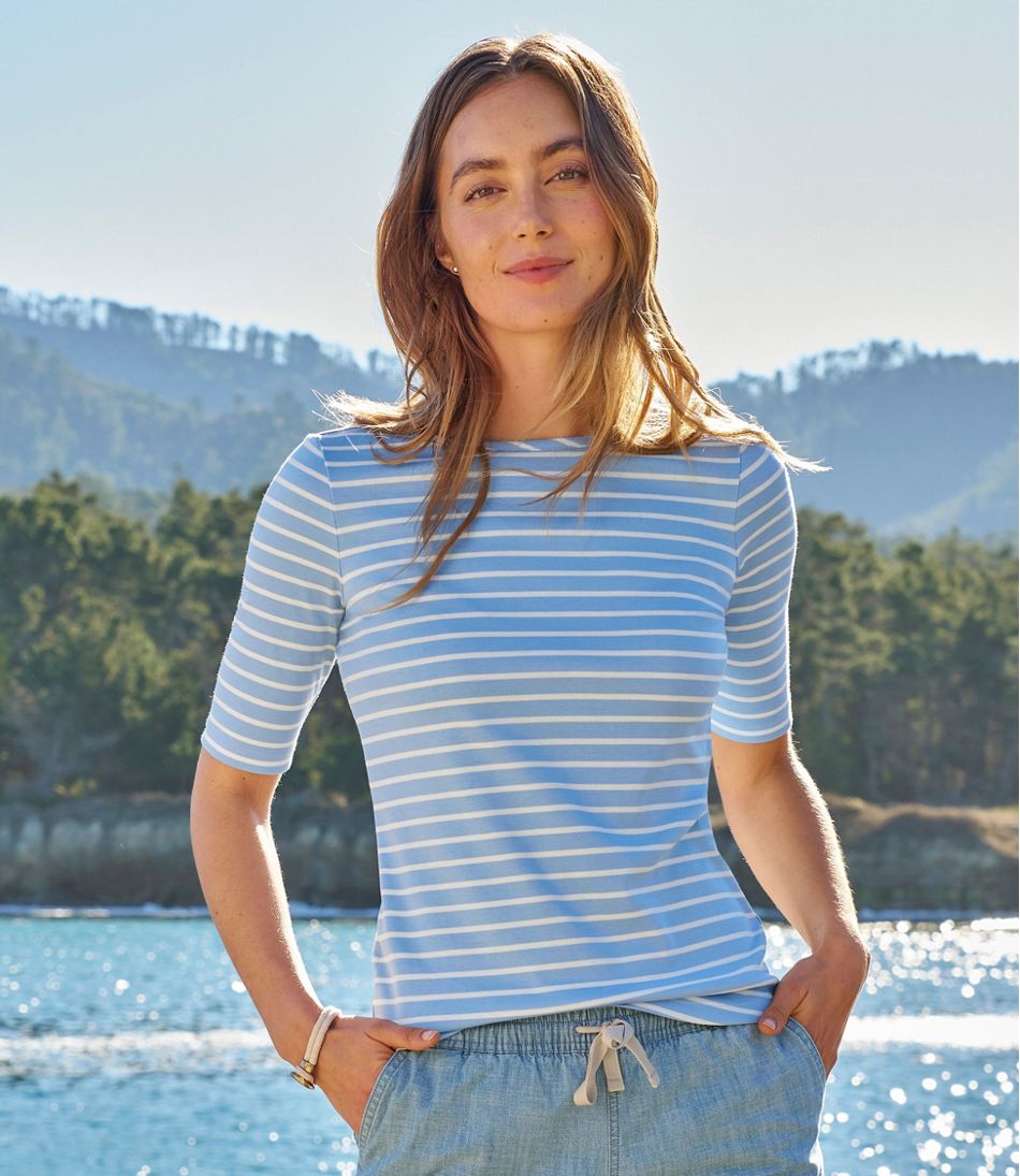 Elbow-Sleeve Boatneck Stripe Women's Pima Cotton Tee