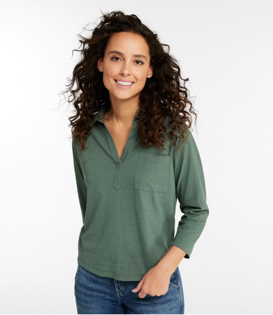 Three-Quarter-Sleeve Splitneck Polo Women's Linen/Cotton Tee