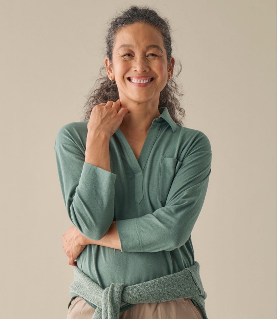 Three-Quarter-Sleeve Splitneck Polo Women's Linen/Cotton Tee