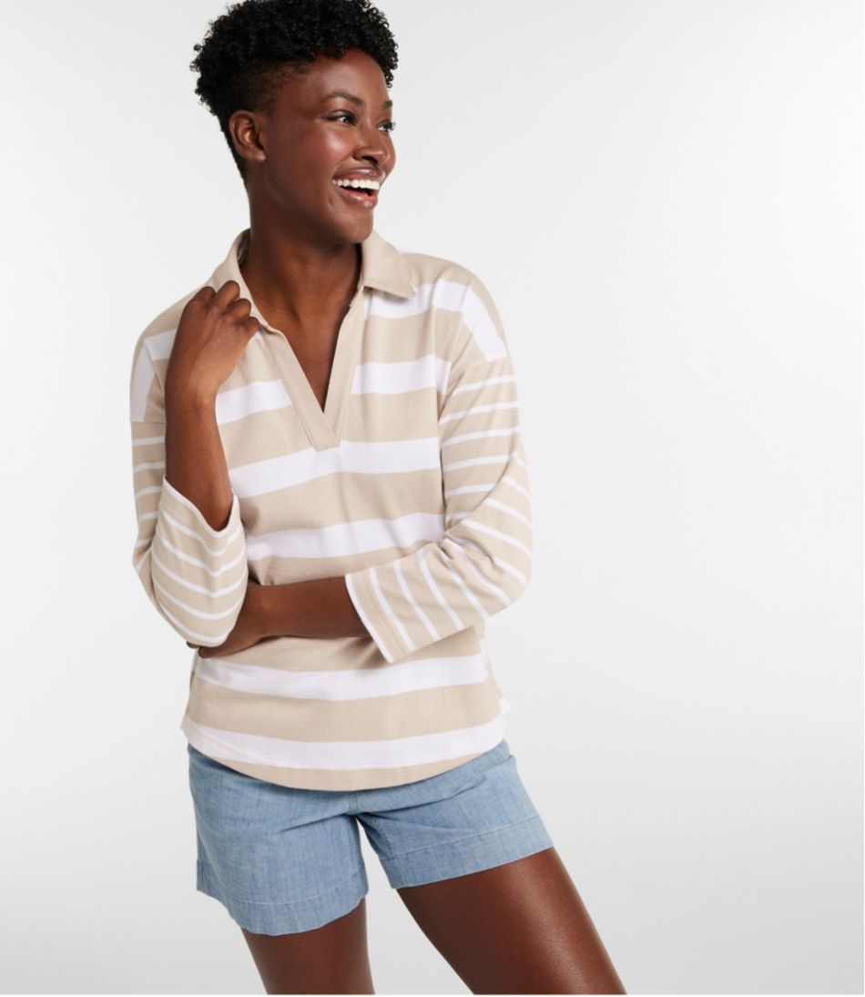 Splitneck Polo Three-Quarter-Sleeve Women's Heritage Mariner Top Block Stripe