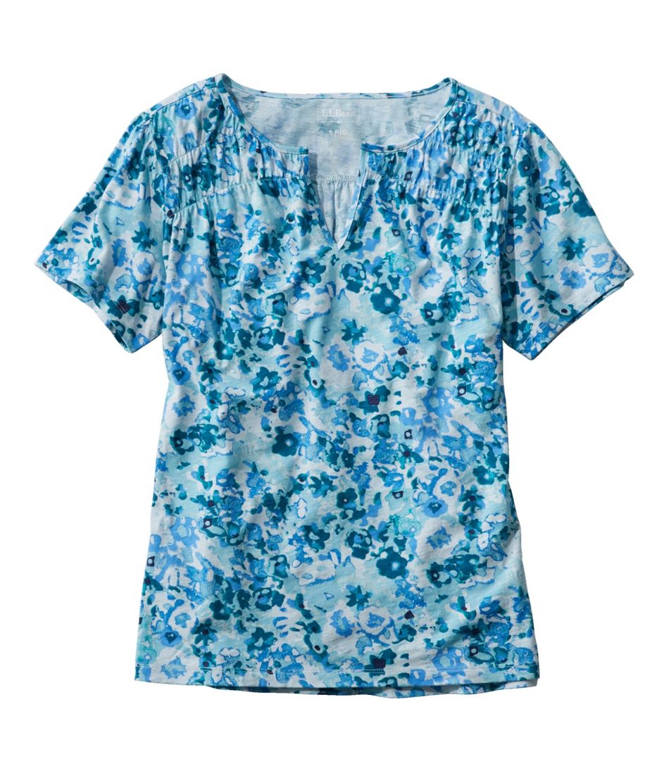 Smocked Notch-Neck Short-Sleeve Print Women's Organic Cotton Tee