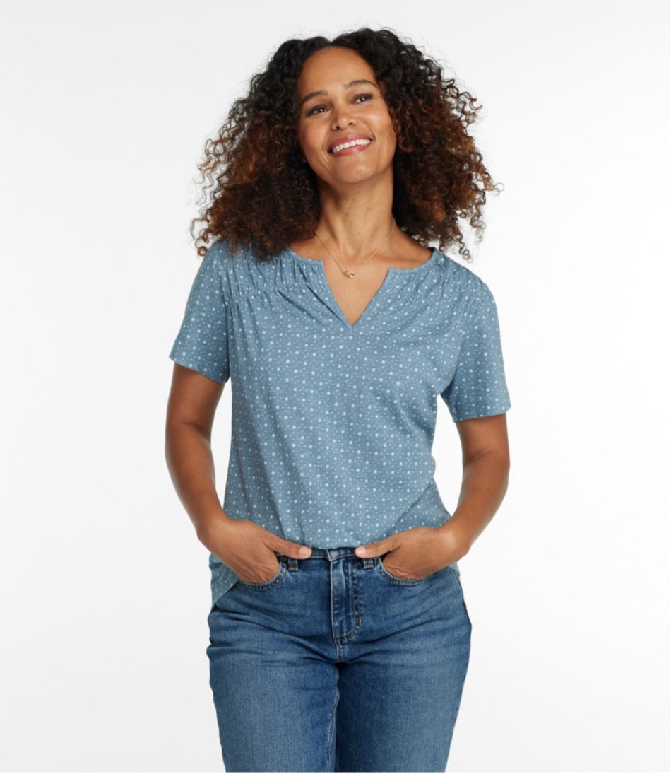 Smocked Notch-Neck Short-Sleeve Print Women's Organic Cotton Tee