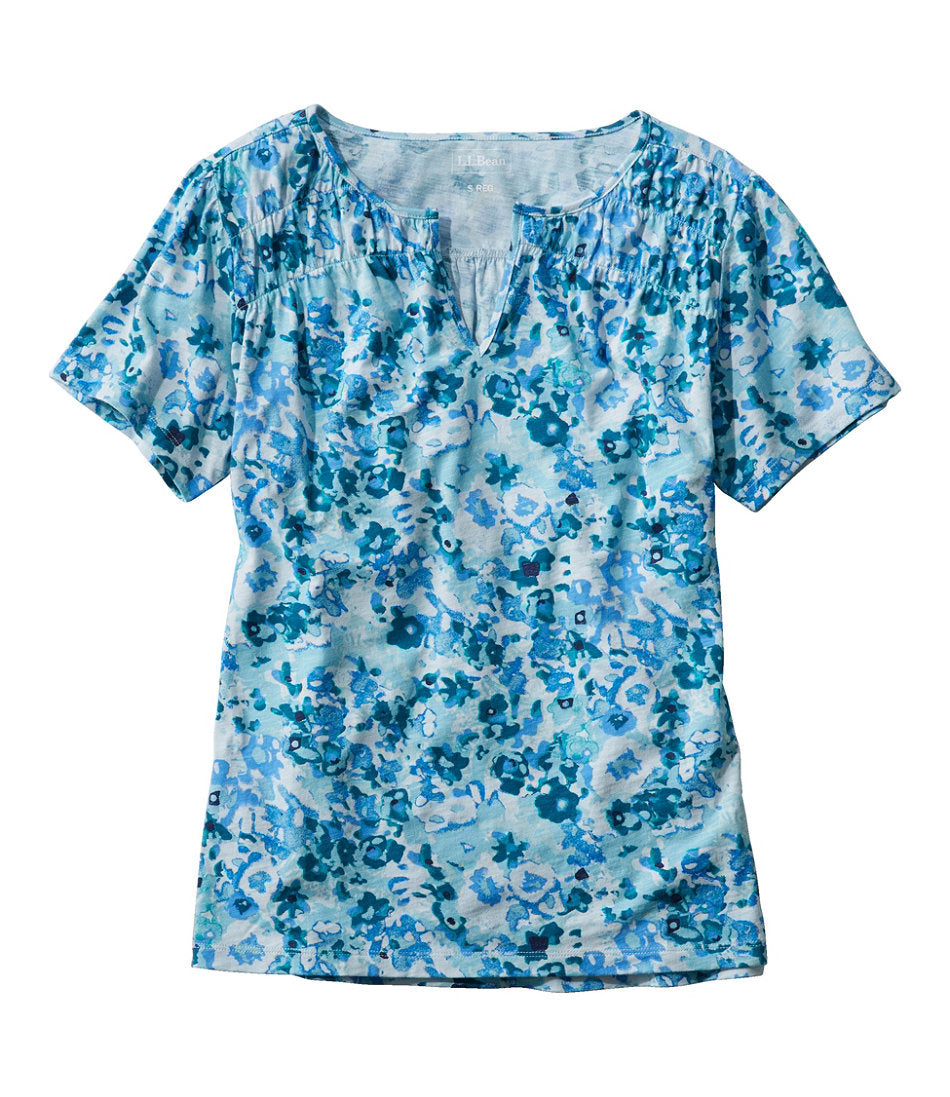 Smocked Notch-Neck Short-Sleeve Print Women's Organic Cotton Tee