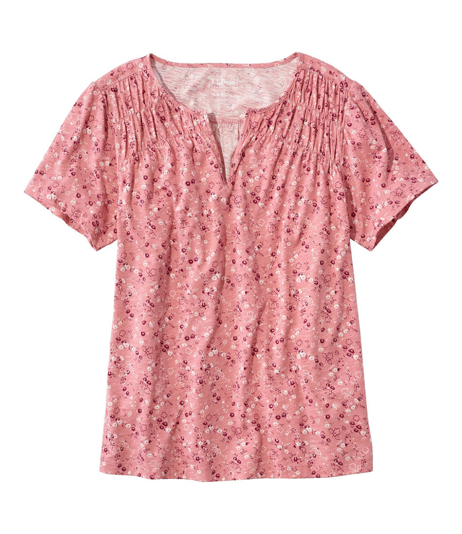 Smocked Notch-Neck Short-Sleeve Print Women's Organic Cotton Tee