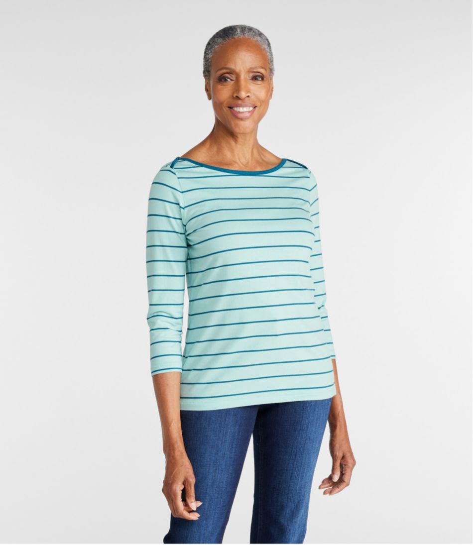 Women's Soft Stretch Supima-Blend Tee Three-Quarter-Sleeve Boatneck Stripe