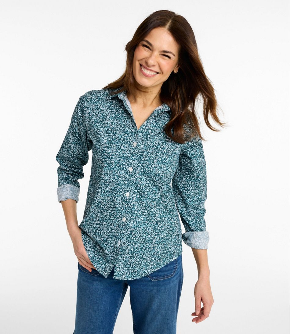 Women's Wrinkle-Free Pinpoint Oxford Shirt Relaxed Fit Long-Sleeve Print