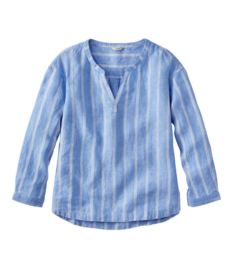 Women's Premium Washable Linen Shirt Splitneck Stripe