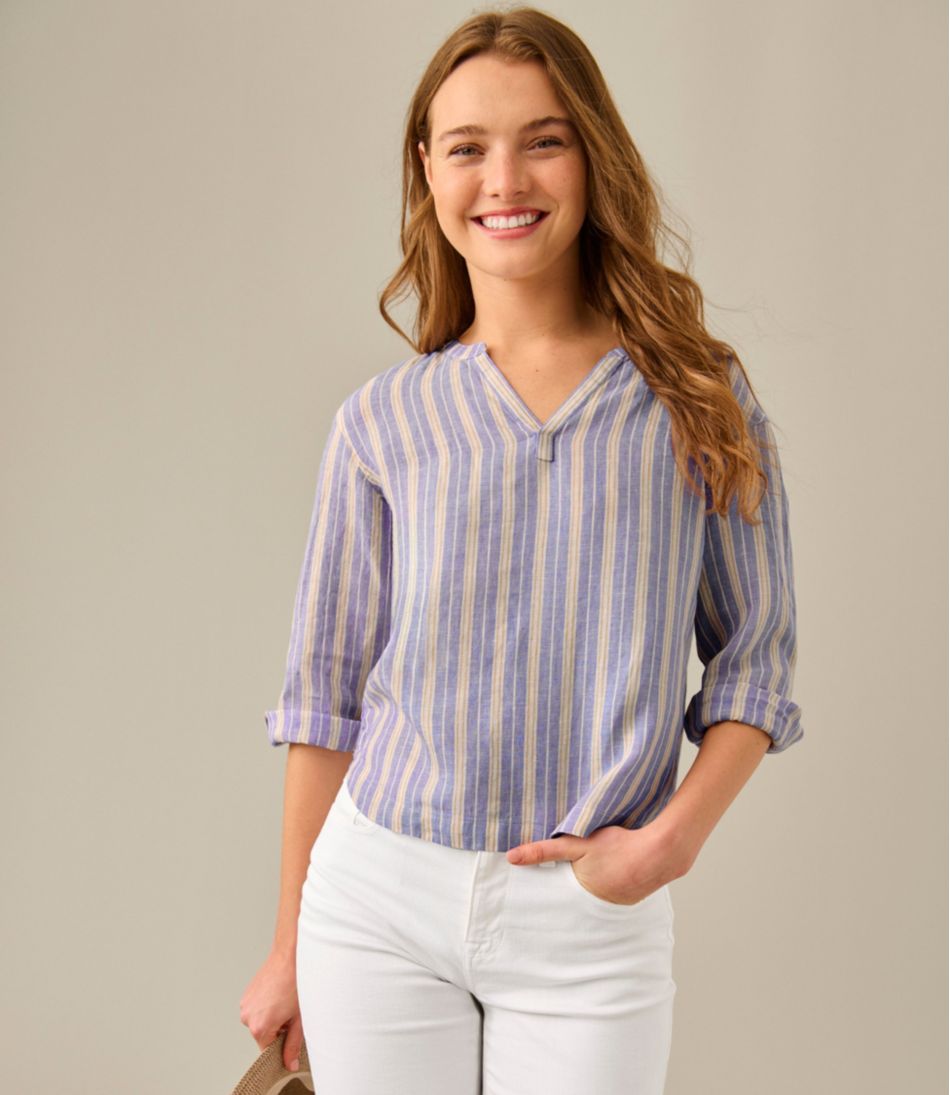 Women's Premium Washable Linen Shirt Splitneck Stripe
