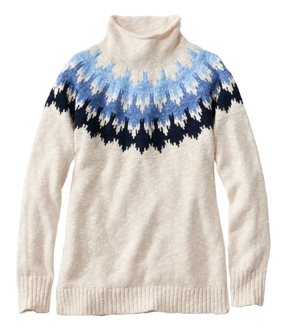 Funnelneck Pullover Fair Isle Women's Cotton Ragg Sweater