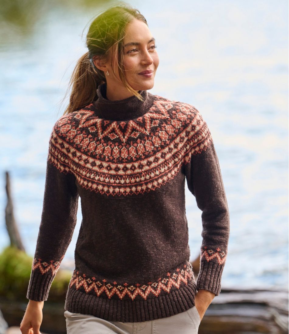 Funnelneck Pullover Fair Isle Women's Cotton Ragg Sweater