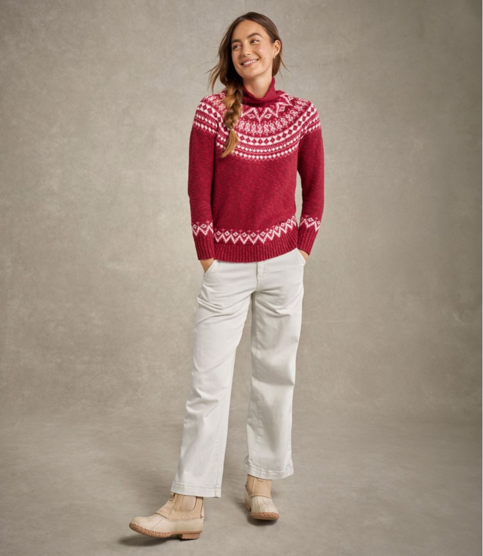Funnelneck Pullover Fair Isle Women's Cotton Ragg Sweater