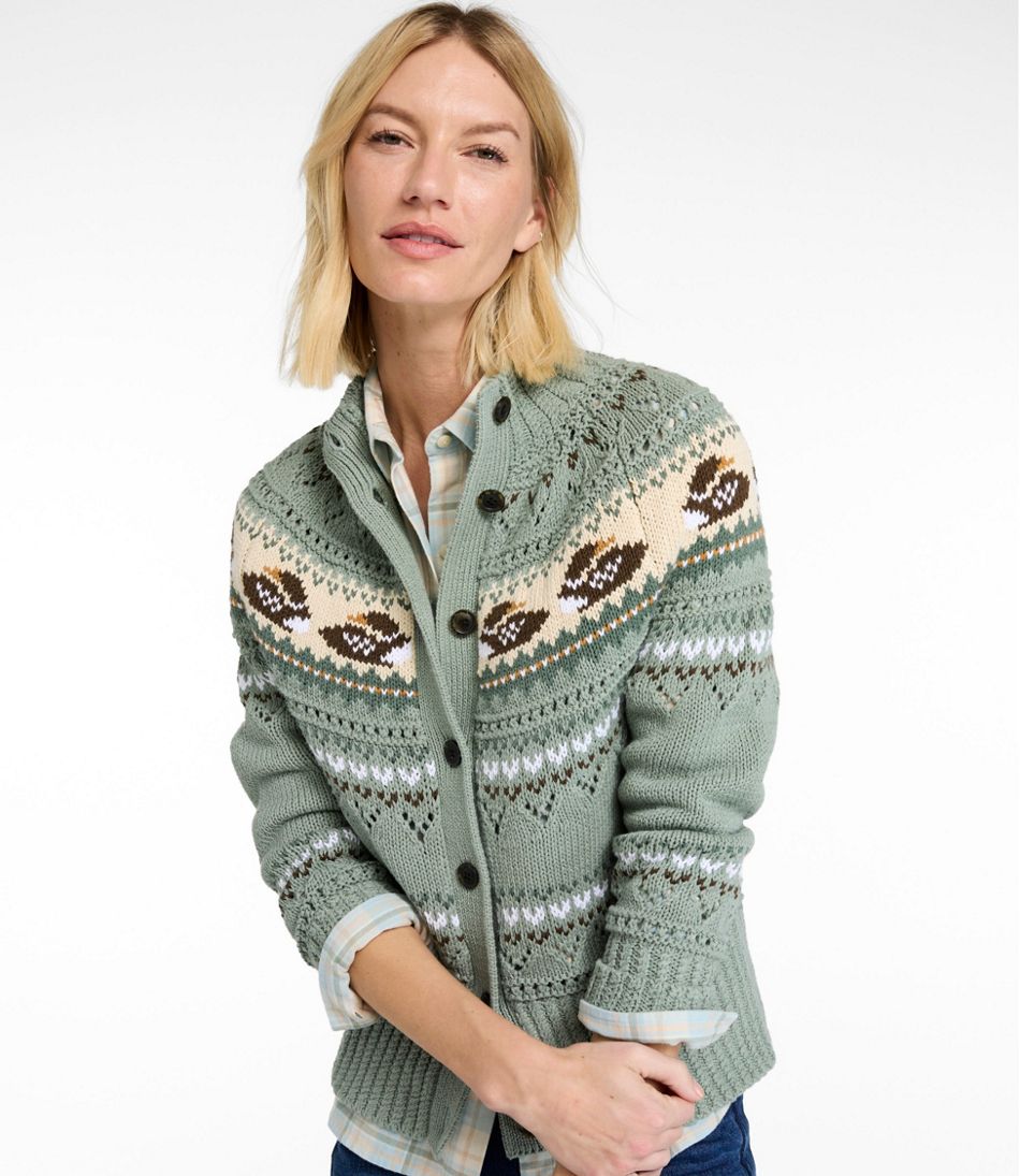Short Cardigan Fair Isle Women's Signature Cotton Fisherman Sweater