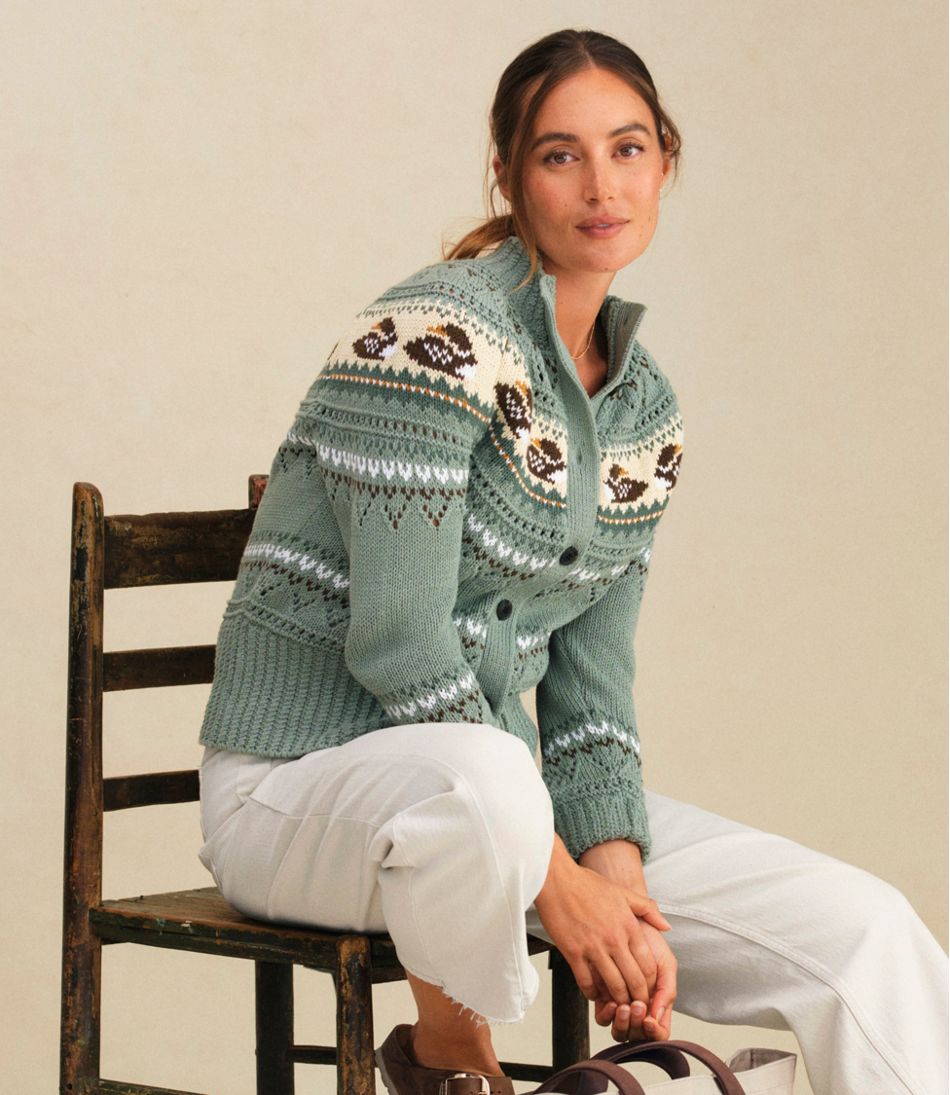 Short Cardigan Fair Isle Women's Signature Cotton Fisherman Sweater