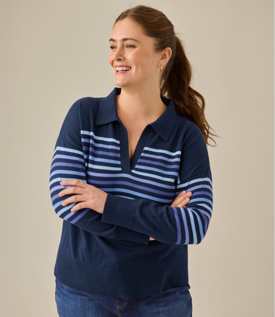 Women's Cotton/Cashmere Sweater Polo Stripe