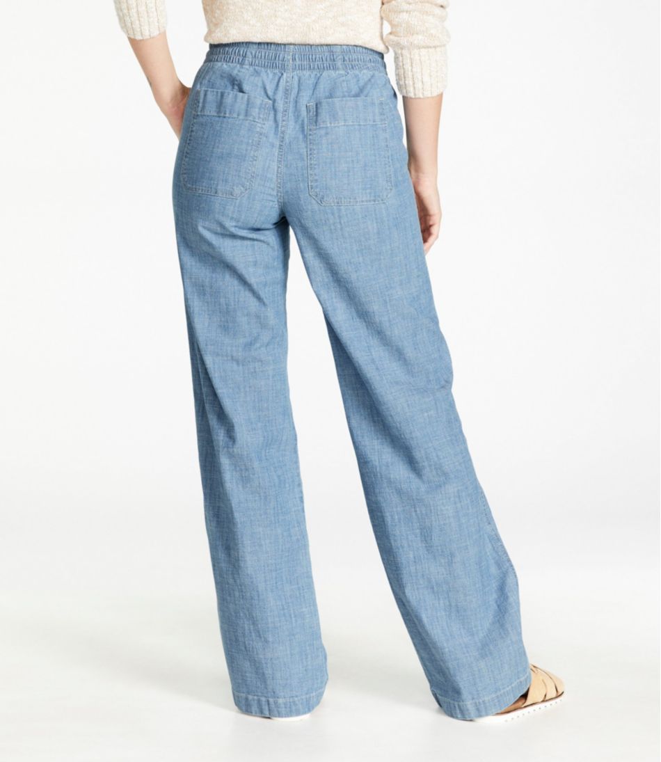Women's Lakewashed Pull-On Chinos Mid-Rise Wide-Leg Chambray